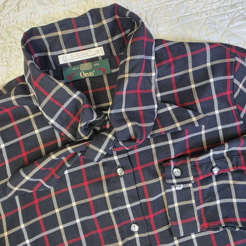 Vintage Orvis Womens  6 Tie Neck Button Up‎ Black Plaid Shirt Heritage Cabincore